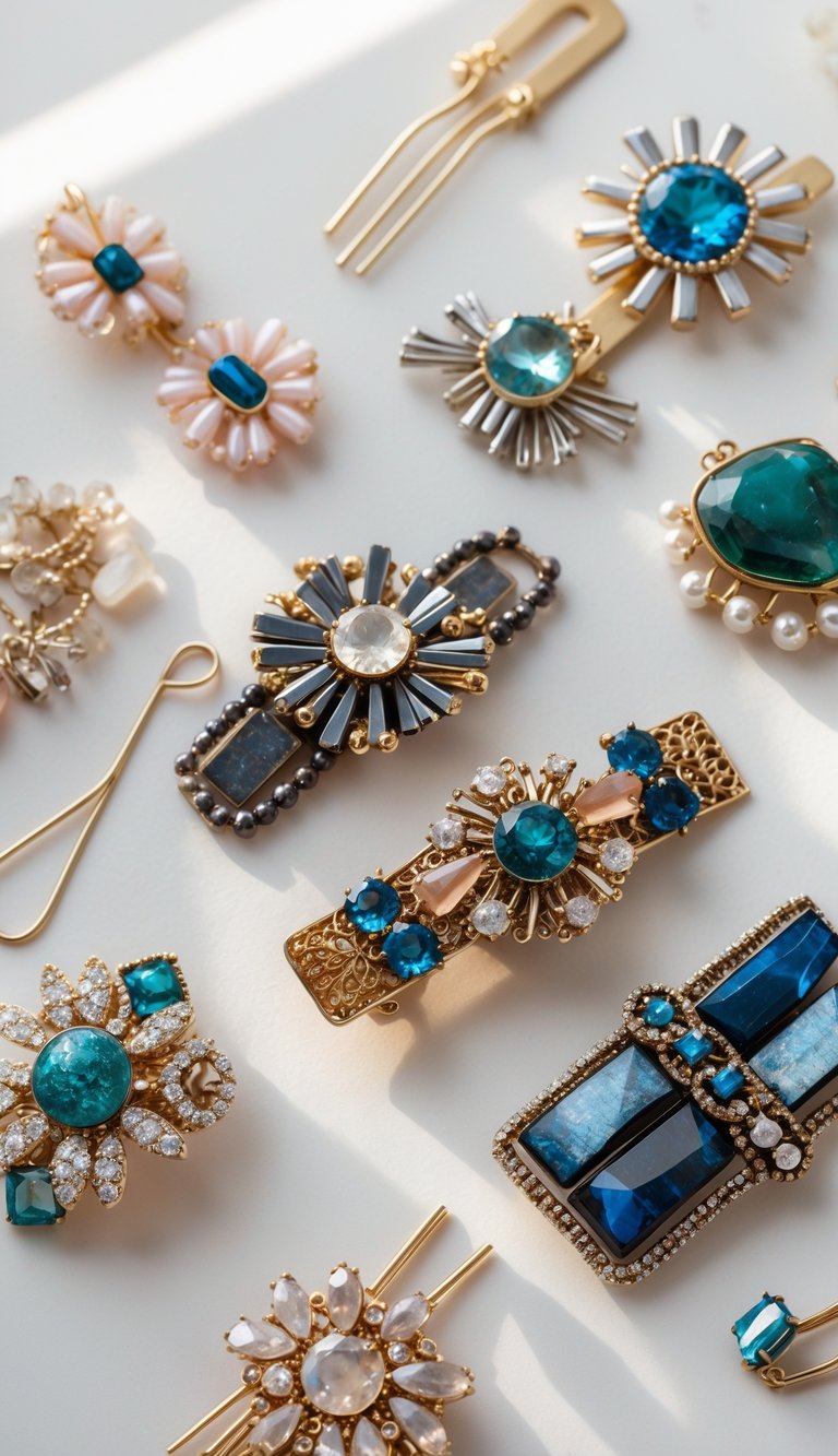 A collection of hairpins made from repurposed broken jewelry pieces arranged on a neutral surface.